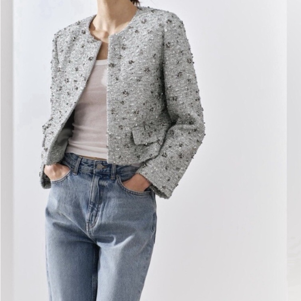 NWT Zara Cropped Silver Tweed Jacket with Embellishments XS